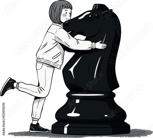 Girl hugging large black chess knight piece playing strategy game vector illustration 