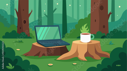 Deep in the forest a laptop was p precariously on a mossy tree stump accompanied by a mug of coffee and the gentle sounds of nature.. Vector illustration