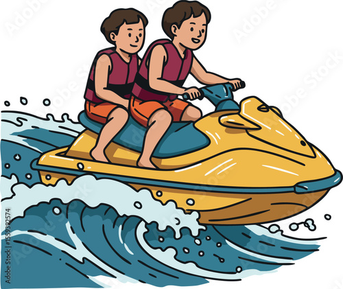 Two Boys Riding Yellow Jet Ski on Blue Water Waves Summer Activity Vector Illustration 