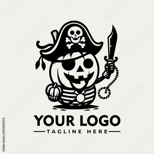A grinning jack-o'-lantern pirate, wielding a dagger, sports a tricorn hat and eye patch.