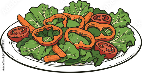 Fresh vegetable salad with lettuce carrots tomatoes and bell peppers on plate hand drawn vector illustration 