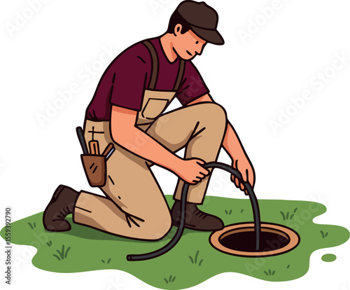 Plumber inspecting sewer pipe on grass outdoors vector illustration 