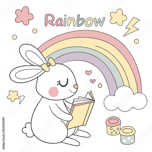 Charming SVG of a Gentle Bunny featuring reading a book, styled in a Rainbow theme with Pastel Rainbow hues