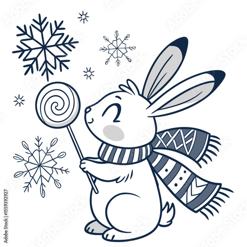 Delightful Funny Bunny in a Cozy winter scene with holding a lollipop – Frosty Winter vector illustration