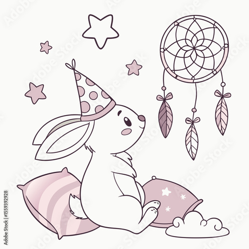 Whimsical Bunny feeling Curious in a Fantasy dream setting with wearing a party hat – colored in Dreamland