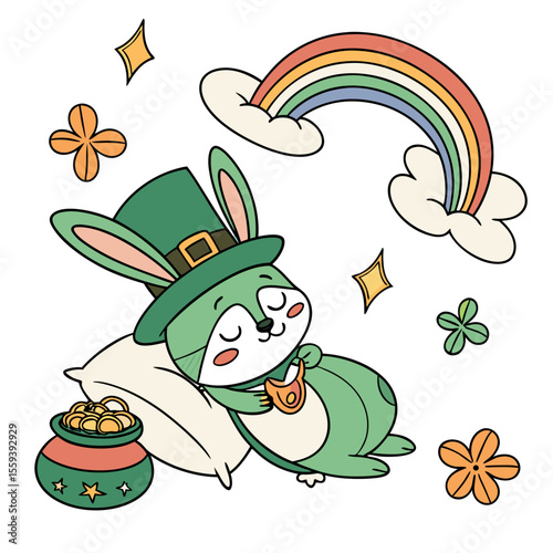 Vector illustration of a Sleepy Bunny with hugging a pillow, styled in a St. Patrick's Day theme using Clover Cheer colors