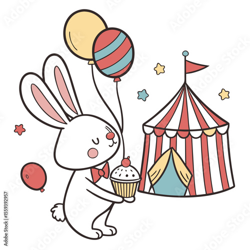 Big Top Brights colored Bunny with a Grumpy touch, placed in a Circus Carnival theme and styled with holding a cupcake