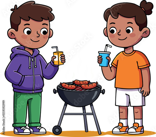 Two kids enjoying barbecue grill with drinks in casual clothing vector illustration 