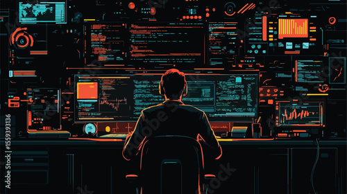 Professional Male Coder Working in Flat Design Vector Illustration
