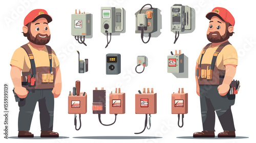 Professional Flat Electrician Cartoon Illustration Vector