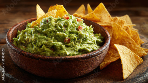 Creamy guacamole served in rustic bowl with crispy tortilla chips, perfect for sharing and enjoying at gatherings