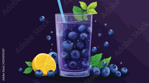 Blueberries Juice Flat Vector with Detox Lettering Illustration