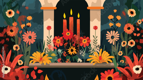 Day of the Dead Altar and Flowers Vector Illustration