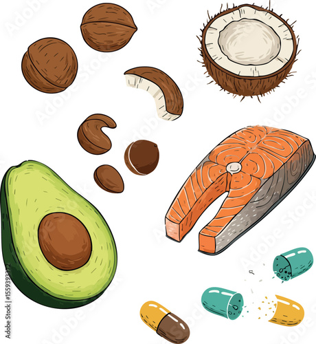 Healthy food ingredients avocado salmon coconut nuts and capsules vector illustration 