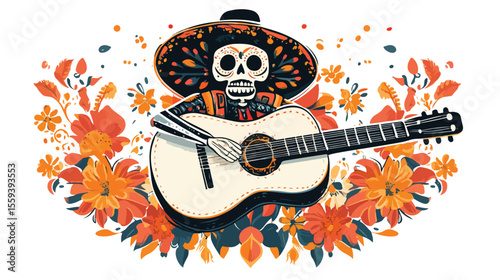 Day of the Dead Mexican Guitar Flat Vector Illustration