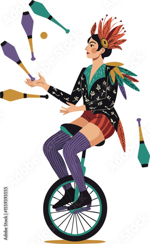 Juggler on Unicycle Wearing Colorful Feather Costume Performing Circus Act Vector Illustration 