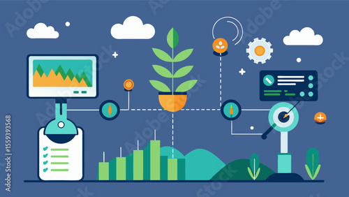 An automated system that uses AI to analyze and predict crop yield based on historical data and current environmental factors.. Vector illustration