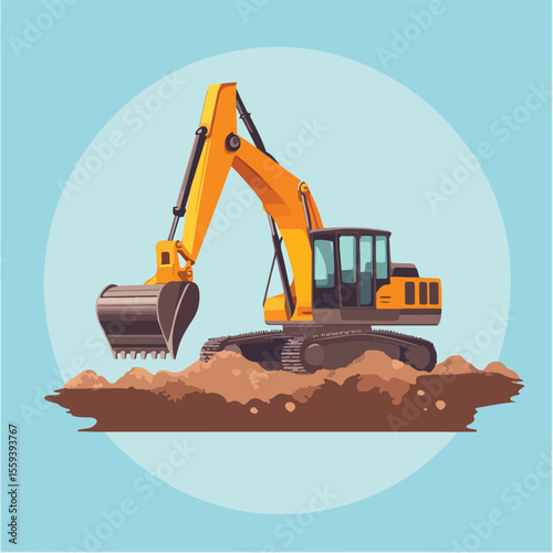 Digger and Soil Flat Vector Illustration with Construction Equipment for Excavation Projects