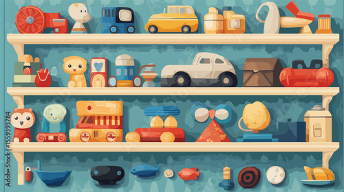 Various Toy Types Displayed on Wooden Shelf