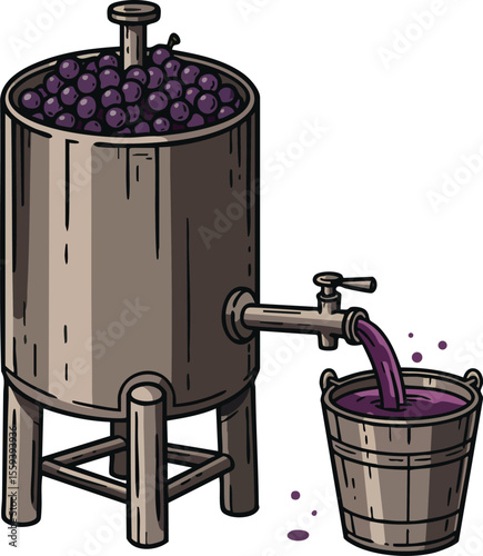 Wine fermentation tank pouring purple grape juice into wooden bucket vector illustration 
