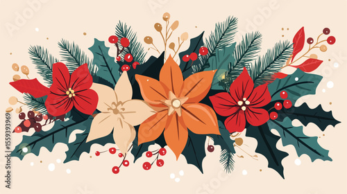 Traditional Christmas Flower Decorative with Branches and Leaves