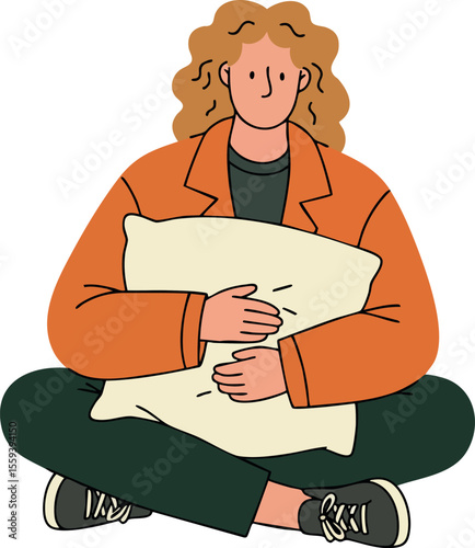 Person Sitting Cross Legged Hugging Pillow Comfort Relaxation Vector Illustration 
