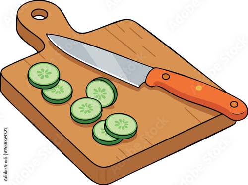 Kitchen knife with orange handle slicing cucumber on wooden cutting board illustration vector 