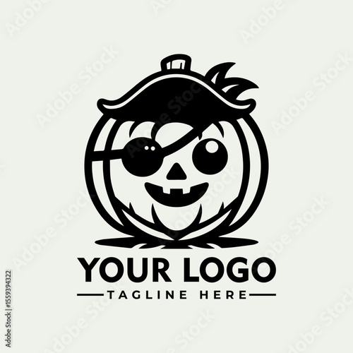 Cartoon pumpkin with pirate hat and eye patch, smiling face, logo design.