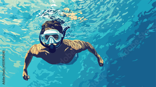 Underwater Diver with Snorkel Flat Vector Illustration