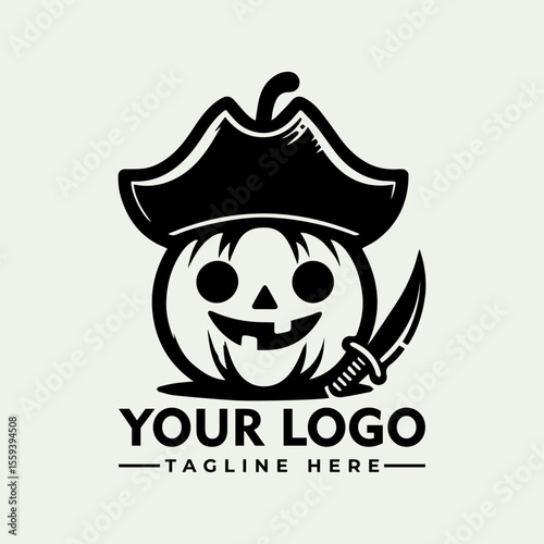 A stylized logo featuring a pumpkin wearing a pirate hat and holding a knife.