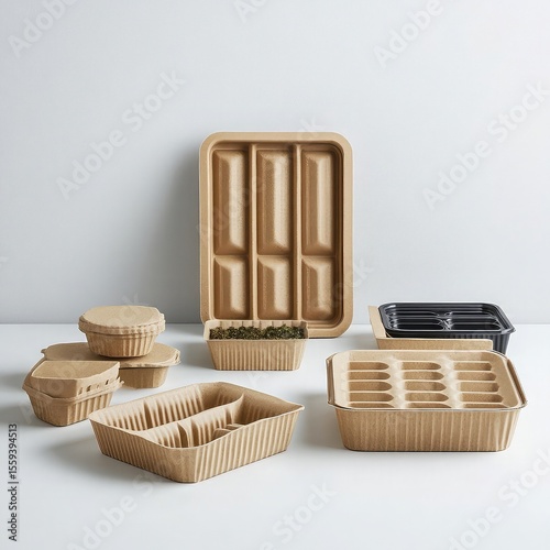 Packaging solution using molded pulp trays, water-based inks, compostable films, recycled paperboard, and minimal design to eliminate plastic from shipping and product display
