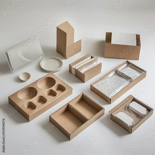Packaging solution using molded pulp trays, water-based inks, compostable films, recycled paperboard, and minimal design to eliminate plastic from shipping and product display
