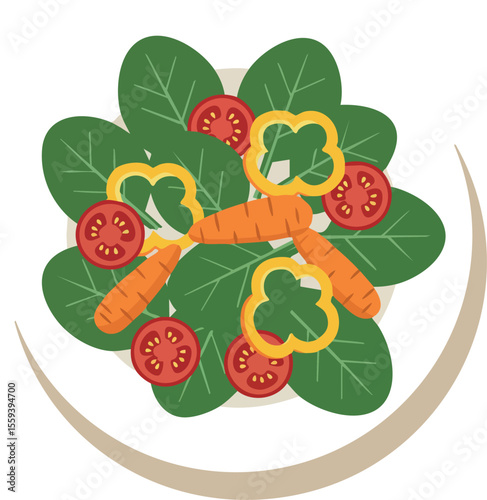 Fresh vegetable salad with carrots tomatoes spinach and yellow peppers on plate vector illustration 