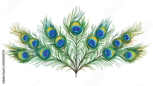 Exquisite Flute with Colorful Peacock Feathers Flat Vector Illustration
