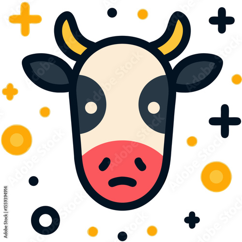 Cartoon cow with a sad expression on a black background with gold accents