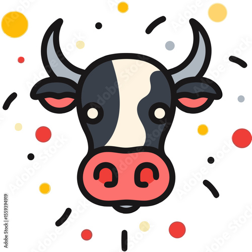 Cartoon dairy cow head with horns and spots in a playful composition