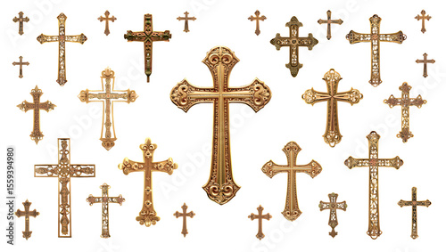 Collection of ornate golden Christian crosses of various sizes and designs isolated on a transparent background