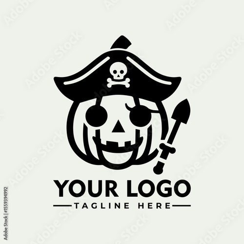 A grinning jack-o'-lantern pirate, wearing a tricorn hat and holding a shovel, makes a playful Halloween logo.