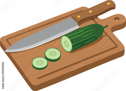 Cucumber sliced on wooden cutting board with kitchen knife vector illustration 