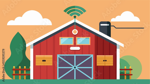 A sensorequipped barn that automatically opens and closes doors to optimize ventilation and temperature control for animals.. Vector illustration