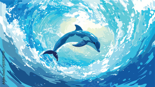 Dolphin Jumping Through Hoop Flat Vector Illustration