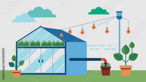 An automated irrigation system that utilizes rainwater collected from the greenhouse roof reducing the need for external water sources.. Vector illustration