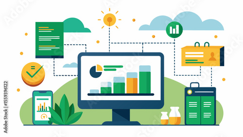 Automated reports and analytics generated from farm records providing insights and recommendations for improved farm management.. Vector illustration