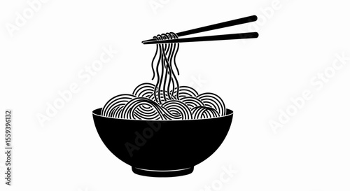 This high-quality EPS vector graphic features a minimalist black silhouette bowl of swirling noodles with chopsticks lifting strands, emphasizing Asian cuisine and clean design.