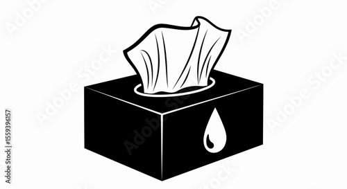 This high-quality vector graphic features a minimalist black tissue box silhouette with a pulled tissue and a single teardrop, emphasizing illness, sadness, and clean design.