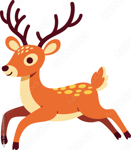 Cute running deer vector illustration with brown antlers and orange body 
