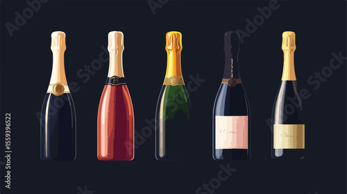 Champagne Bottles Vector Illustration for Four Drinks in Flat Design