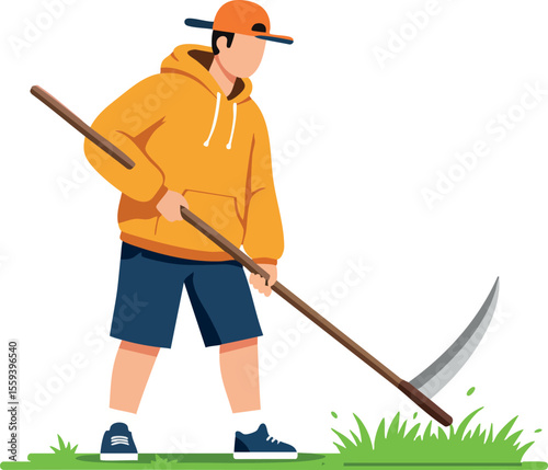 Young man in orange hoodie cutting grass with scythe in vector illustration 