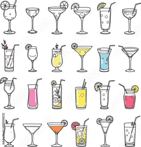 Cocktail Icon Set – 24 Colorful Mixed Drink Illustrations Featuring Martinis, Margaritas, and Highballs for Bar Menus, Party Graphics, and Beverage Designs