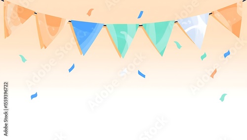 Colorful Festive Bunting Flags Garland with Falling Confetti Background Vector Illustration